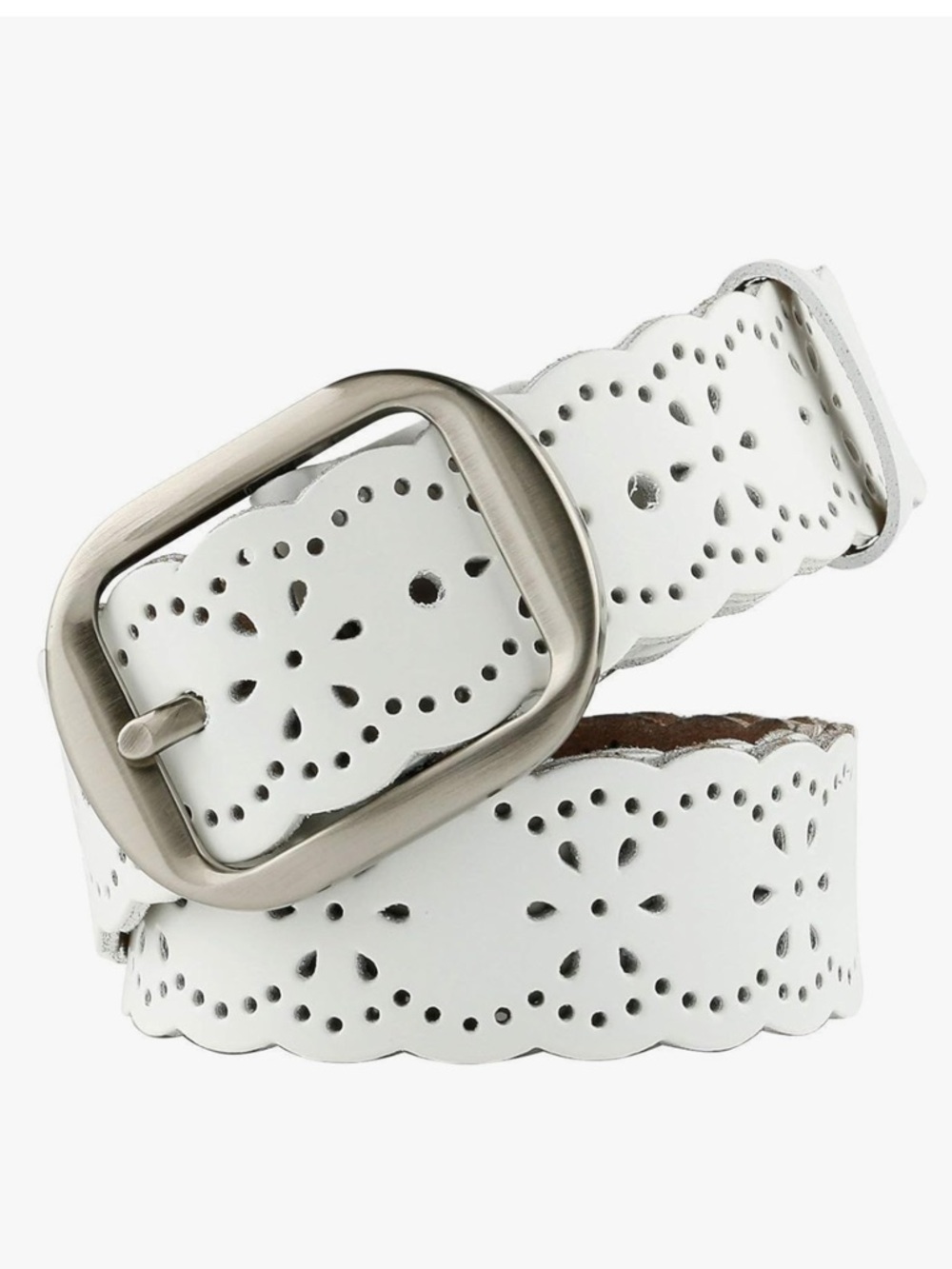 White Genuine Leather Perforated Belt Silver Hardware Women’s Size Waist 25-34”